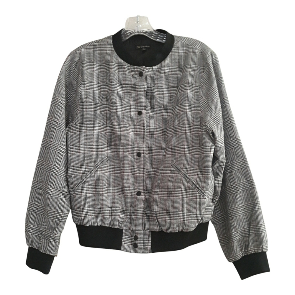 Shinestar Jacket Womens Large Black White Burgundy Blue Glen Plaid Band Neckline